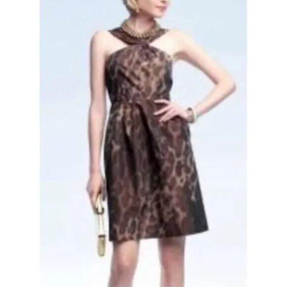 Banana Republic Dress Womens 14 Animal Print Satin Pleated Strap Mob Wife Y2K - Picture 1 of 7